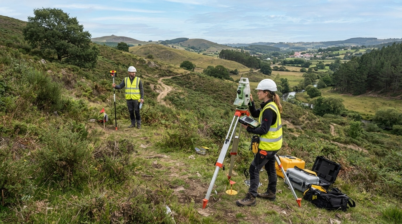 Equipe de topografia realizando medições em área rural